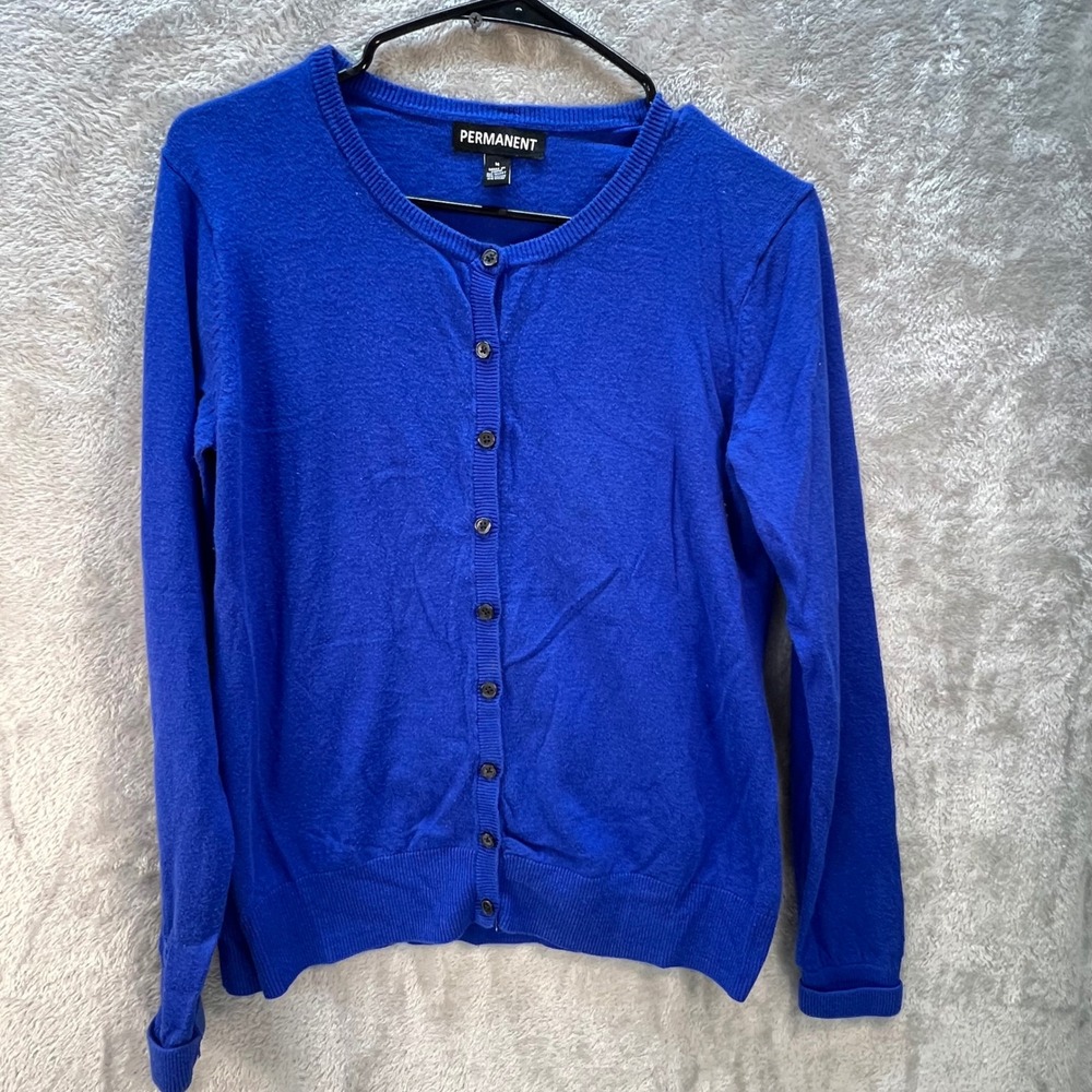 Permanent Womens‎ Cobalt Blue Button Front Cardigan Crew Neck Size M Layering